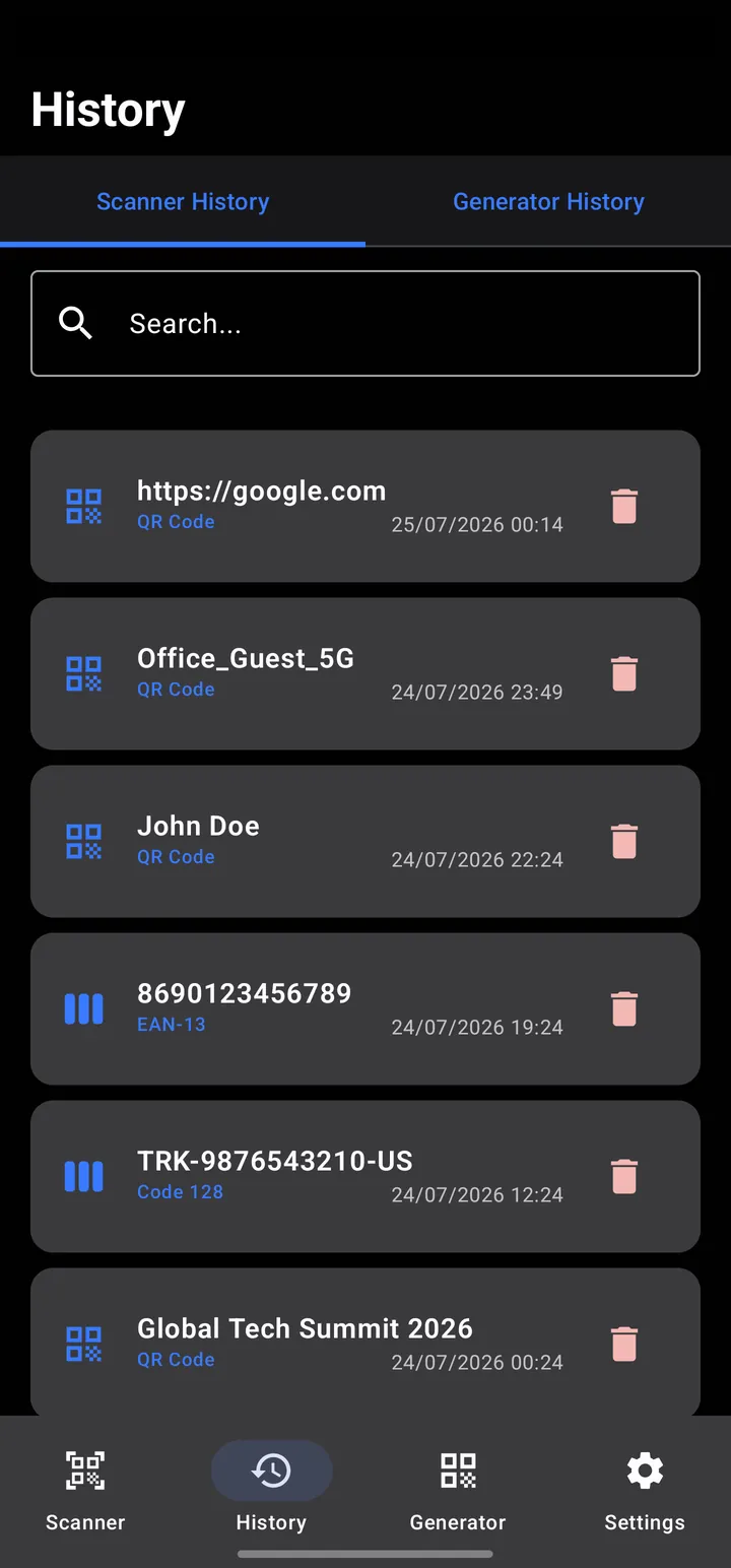 Scan history with a search field and recent codes