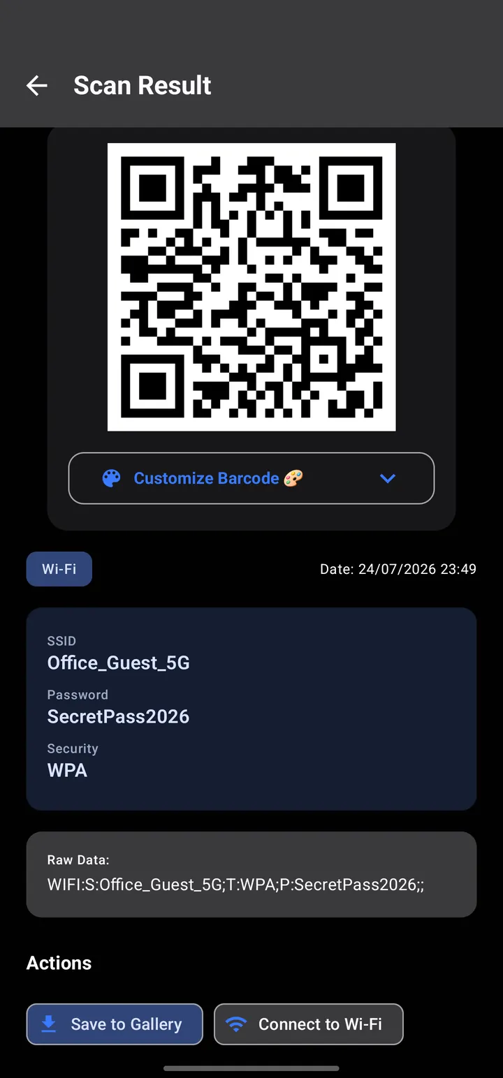 Scan result for a Wi-Fi QR code with network name and password